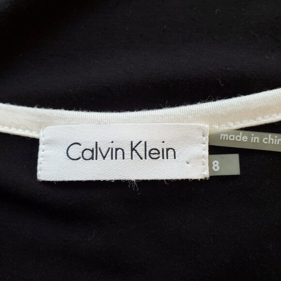 CALVIN KLEIN SZ 8 Sleeveless Black with White Trim Soft Stretch Rayon Midi Dress - Picture 5 of 6